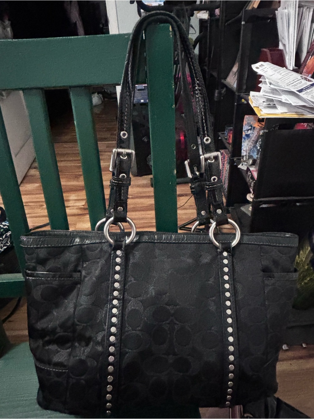 Flawed Coach Black Monogram Studded Tote Bag - Possible project? - Picture 2 of 8